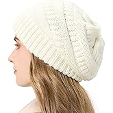 Cable Knit Slouchy Beanie for Women, Wool Winter Warm Womens Beanies, Trendy Oversized Slouch Hat Skull Ski Cap Hats