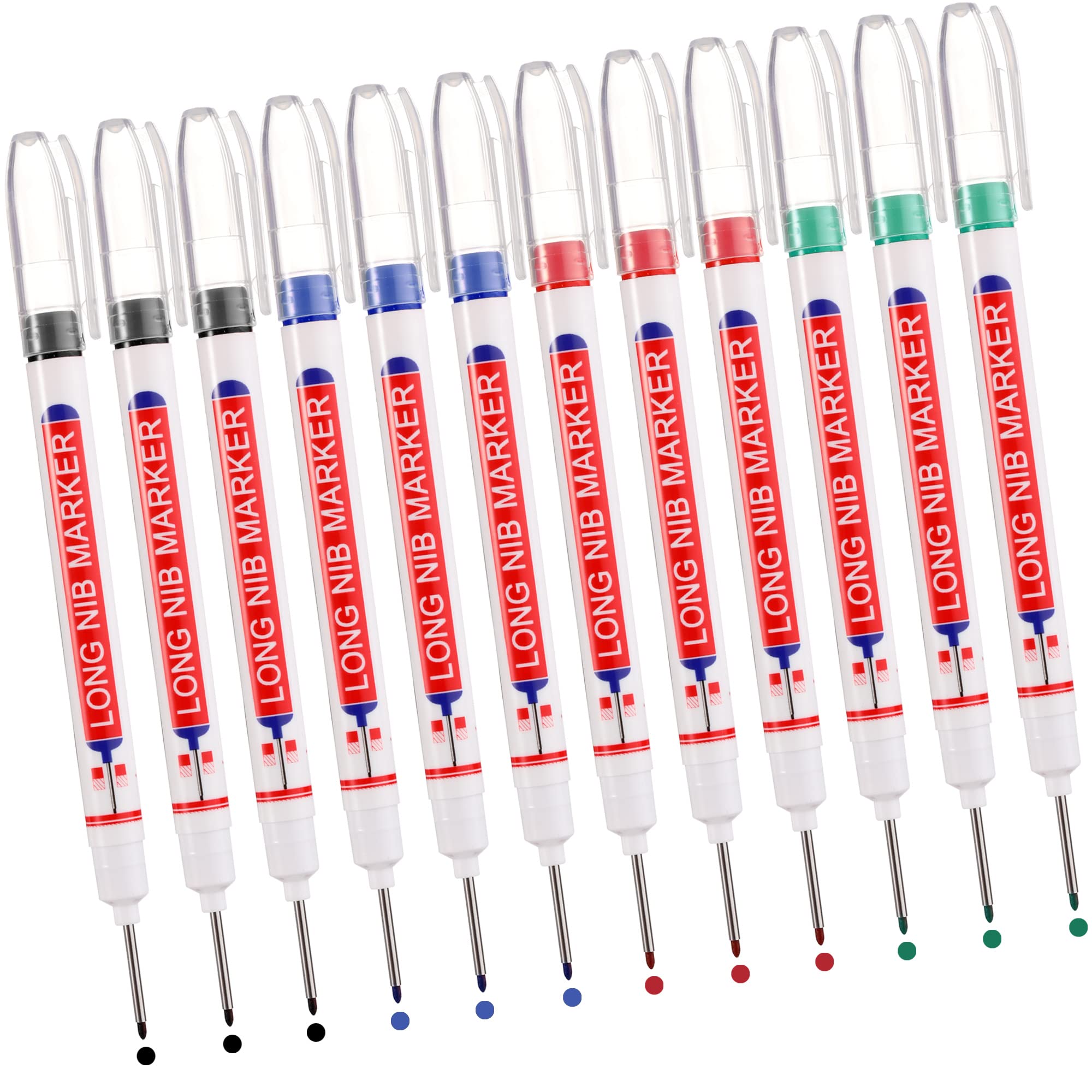 12pcs Deep Hole Marker Pens, Hole Marker Tool, Carpenters Pen, 20mm Long Tip Permanent Marker, UNOLIGA Deep Reach Pen for Permanent Marking of Hard to Reach Areas (Black Blue Red Green)