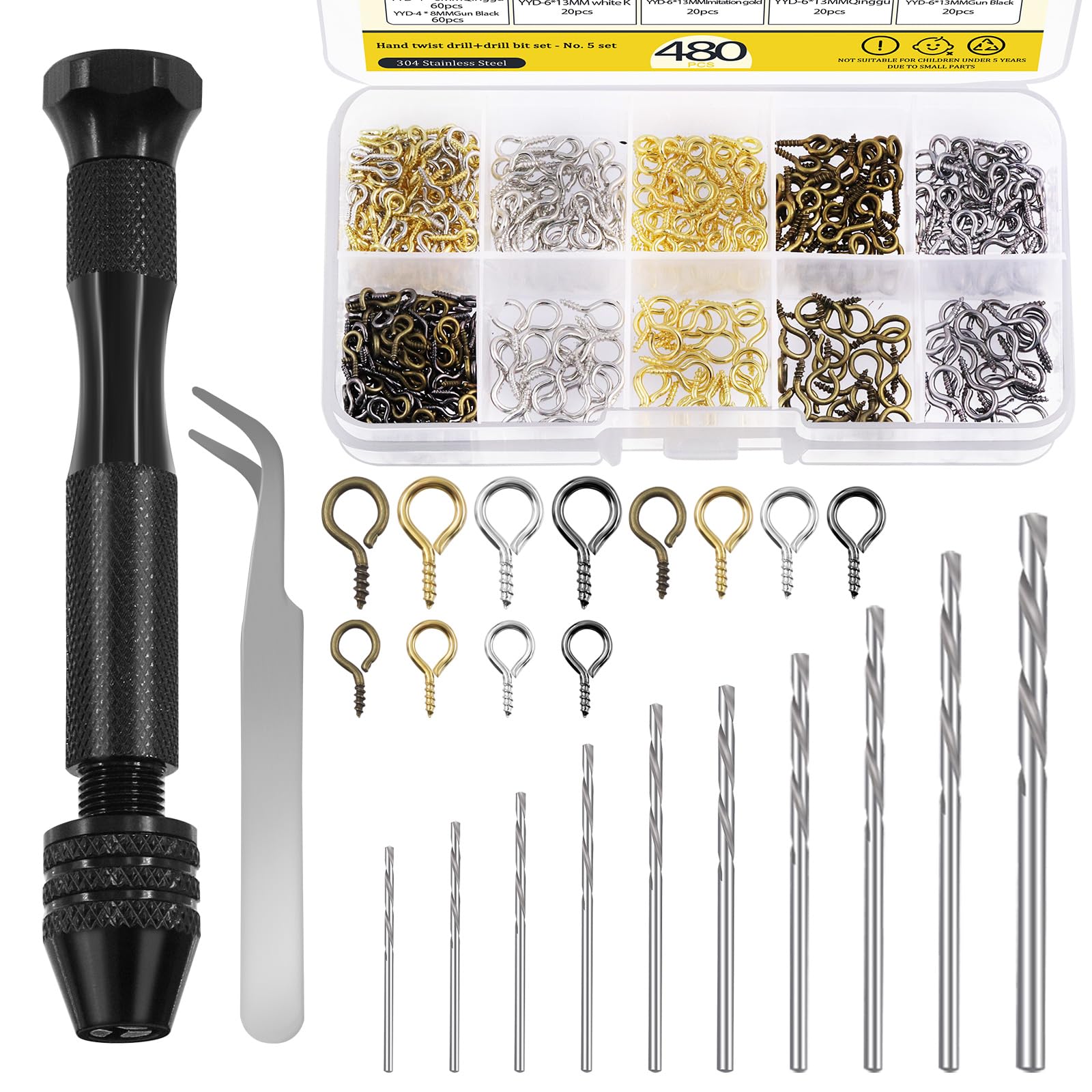 Mardatt 492Pcs Hand Drill Bits Set, Pin Vise Hand Drill with 10pcs 0.8-3mm Micro Twist Drill Bits, 480pcs 4x8/5x10/6x13mm Eye Screws and Tweezers, Pin Vise Woodworking Hand Drill Kit for DIY Craft