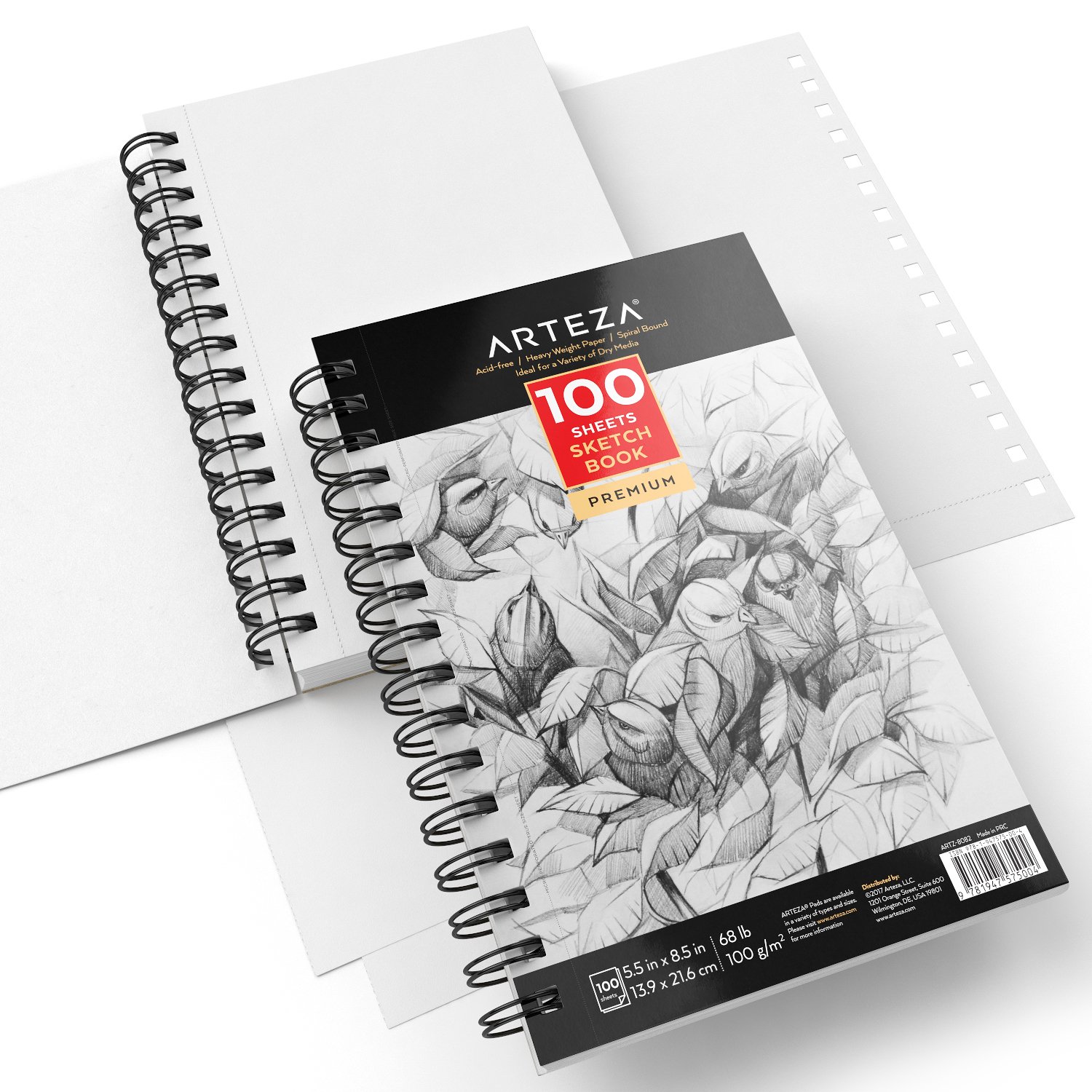 Arteza 5.5"X8.5" Sketch Book 3 Pack, 300 Pages Total, Two Spiral Bound
