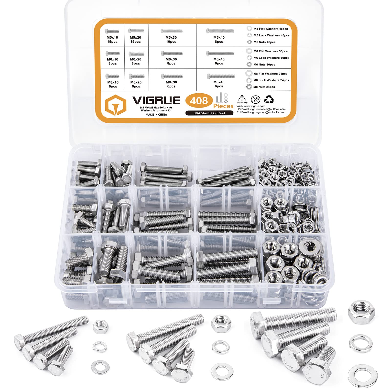 VIGRUE 408 Pieces M5 M6 M8 Hexagon Screws Stainless Steel A2 Screws Set with Nuts Washers DIN933 Bolts Fully Threaded Screws Machine Screws Thread Screws for Repair