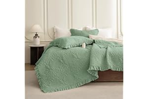 QSH 3PCs Stonewashed Cotton Quilt King (110"x98"),Olive Green Ruffle Quilt King Size Bedding Set,Ultra Lightweight Soft Crinkled Bedspread Coverlet King Shabby Farmhouse Chic Bedding for All Seasons