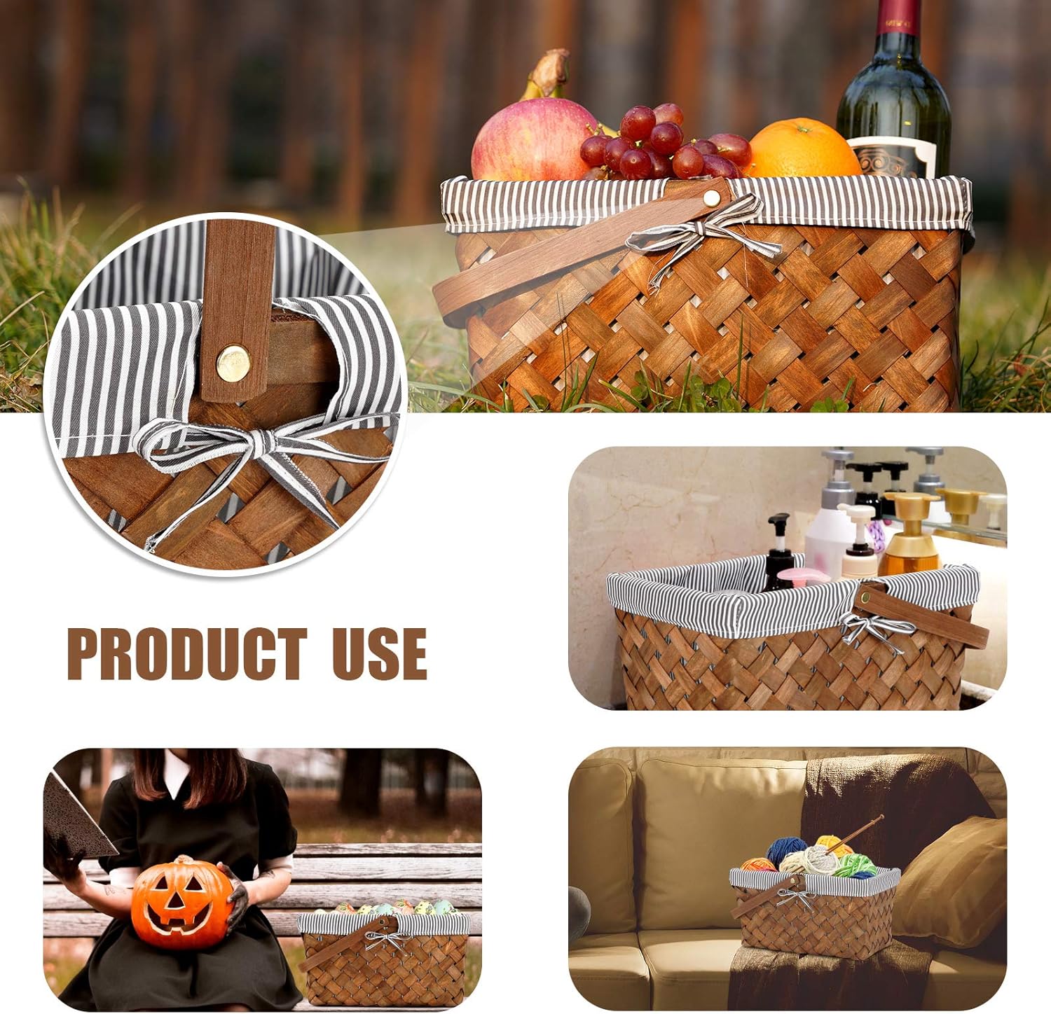 Woodchip Picnic Basket with Single Swing Handle, Hand Woven Easter Eggs and Candy Basket, Bath and Kids Toy Wicker Storage Basket, Gift Packing Basket. Wicker Small Halloween Basket,Grey: Kitchen & Dining