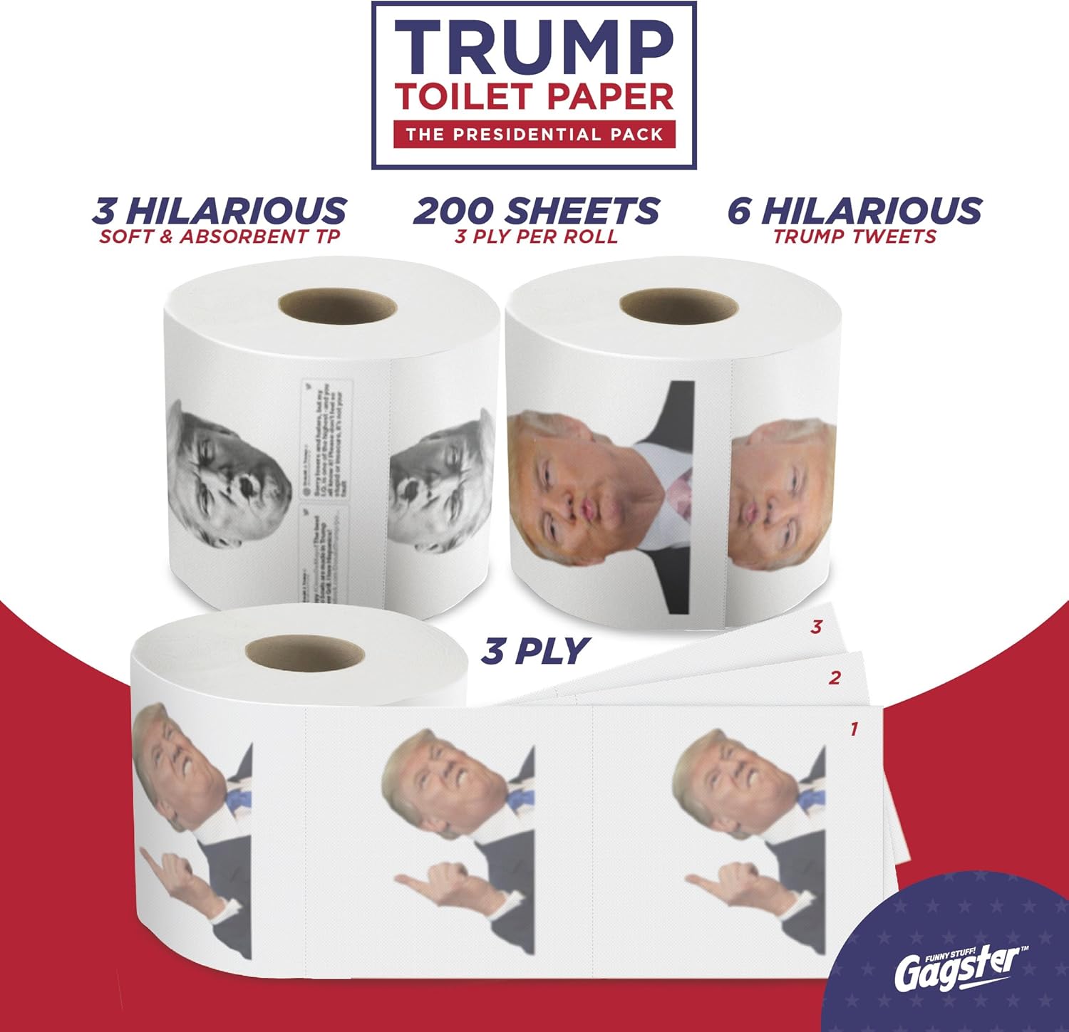 Amazon Com Donald Trump Toilet Paper The Presidential Pack 3 Rolls Funny Political Humor Gag Gift 2 Full Color Rolls 1 Trump S Funniest Tweets Roll Three Ply