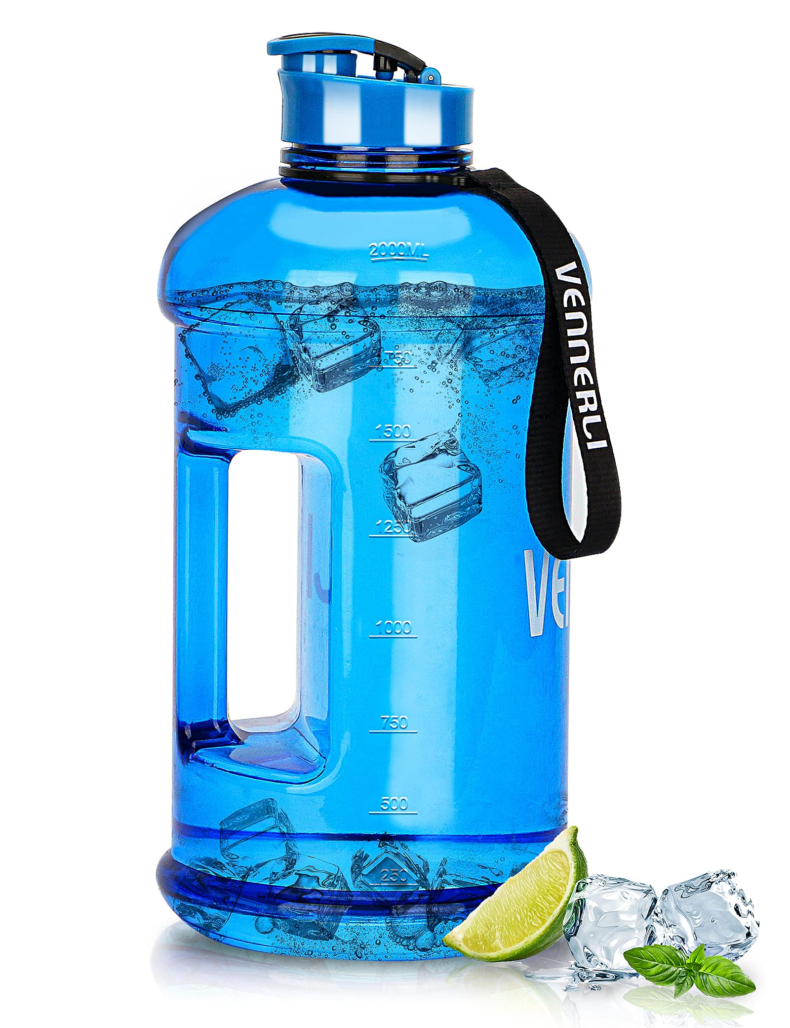 VENNERLI Half Gallon Water Bottle 100% Leak proof BPA Free 2.2L Reusable Durable big Water Gym Jug with Handle Flip Cap for Camping Sports Workouts Hiking Outdoors 2.2Litre (Blue)