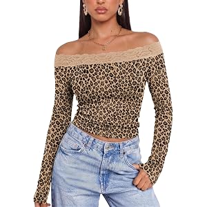 LUYAA Women Lace Trim Off The Shoulder Shirts XS-XL | Long Sleeve Going Out Tops, Slim Fitted Tops, Date Night Outfit for Wom