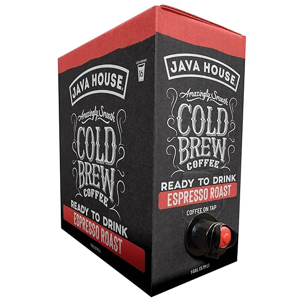 JAVA HOUSE COLD BREW COFFEE ON TAP – PREMIUM 100% ARABICA DARK ROAST – SMOOTH ESPRESSO FLAVOR WITH DARK CHOCOLATE NOTES – 1 GALLON BOX (16 SERVINGS) – READY TO DRINK, NO BREWING REQUIRED, FRIDGE-FRIENDLY