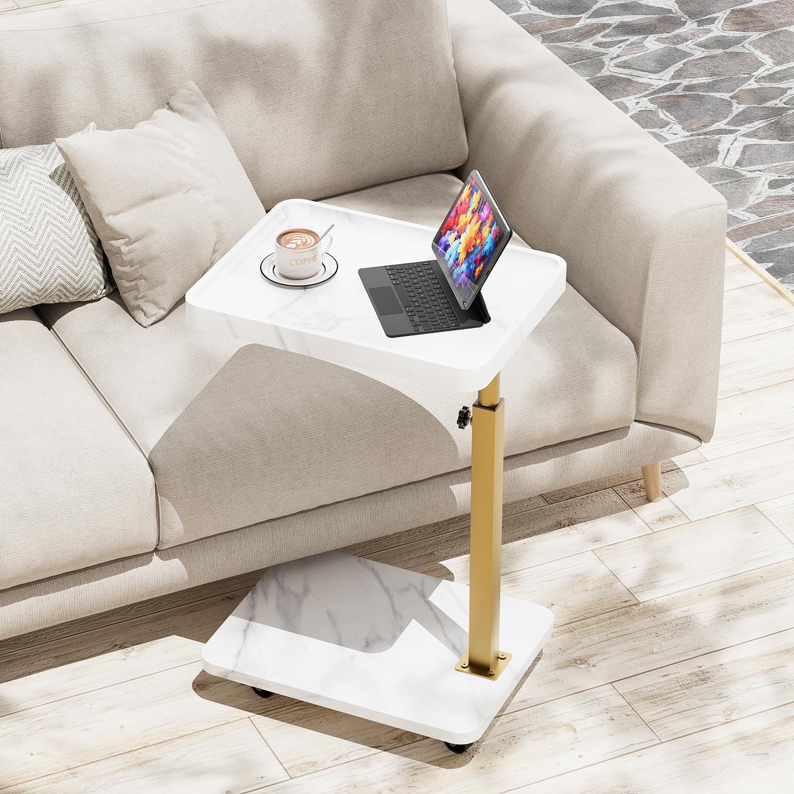 Photo 1 of ***MINOR DAMAGE, MISSING PARTS, SELLING AS IS, FINAL SALE***Katrawu TV Tray Table, Adjustable Dinner Trays for Eating Table,360° Swivel& Sofa Armrest End Side Couch Snack Table for Sofa, Bedroom, Living Room, C Shaped End Table That Slide Under(White+Gold