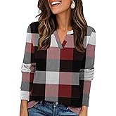 Gloria&Sarah Womens Casual Plaid Long Sleeve Shirts V Neck Fleece Tops Fall Winter Outfits