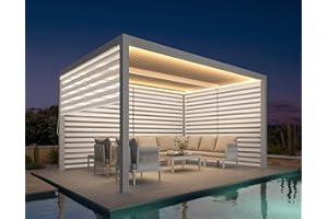 PURPLE LEAF LED Louvered Pergola 10' x 14' with Pull-Down Roller Screen All Aluminum Patio White Pergola Independently Adjustable Rainproof Louvered Roof for Outdoor Deck Garden, 3 Sides