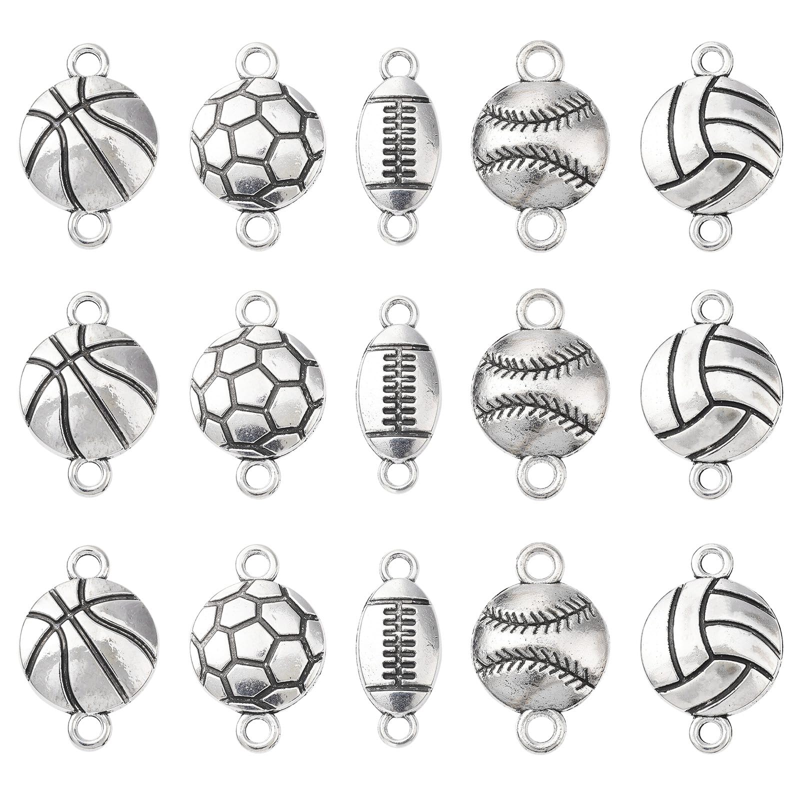 Stiesy 50Pcs 5 Styles Antique Silver Sport Ball Connector Charms Tibetan Style Basketball Link Charms Football Dangle Charms for Jewellry Making DIY Crafts
