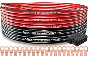 8 Gauge Wire (25ft Each- Black/Red) Copper Clad Aluminum CCA,10pcs Lugs Terminal Connectors with 3:1 Heat Shrink Tube for Pow