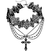 Black Lace Choker Gothic Cross Necklace Zinc Alloy Black Cross Pendant Layered Beads Necklace Halloween Punk Goth Jewelry Gift for Women