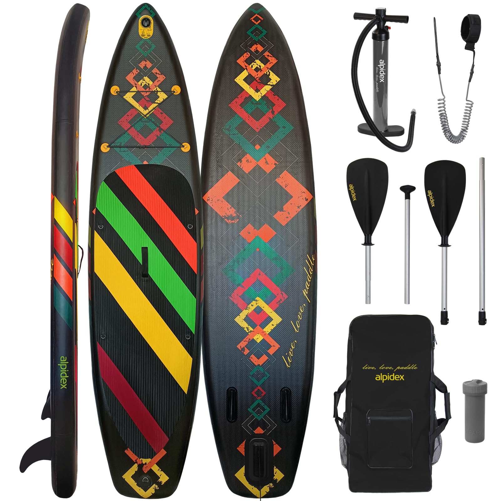 ALPIDEX Stand Up Paddle Set SUP 320 x 76 x 15 cm max. belastbar bis 200 kg Aufblasbar Stabil Leicht Komplett Set Tragetasche Paddel Finnen Luftpumpe Leash Repair Kit, Farbe:Black