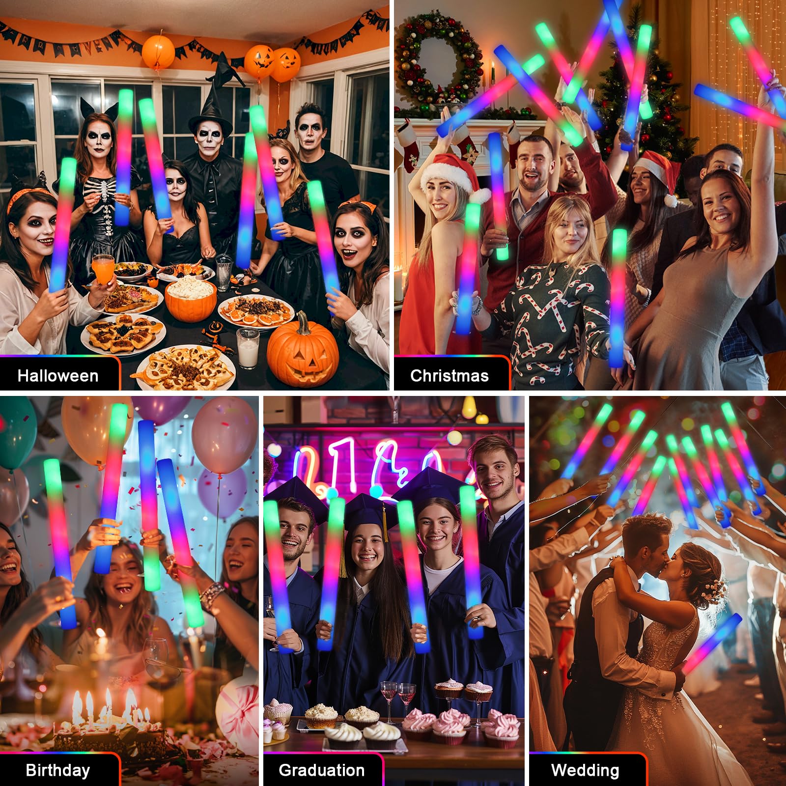 wellent 64 Pack Foam Glow Sticks, Bulk LED Foam Sticks, Foam Light Up Sticks with 3 Mode Colorful Flashing, Glow Party Supplies, Glow Sticks Bulk Party Pack for Wedding, Birthday, Concert, Halloween