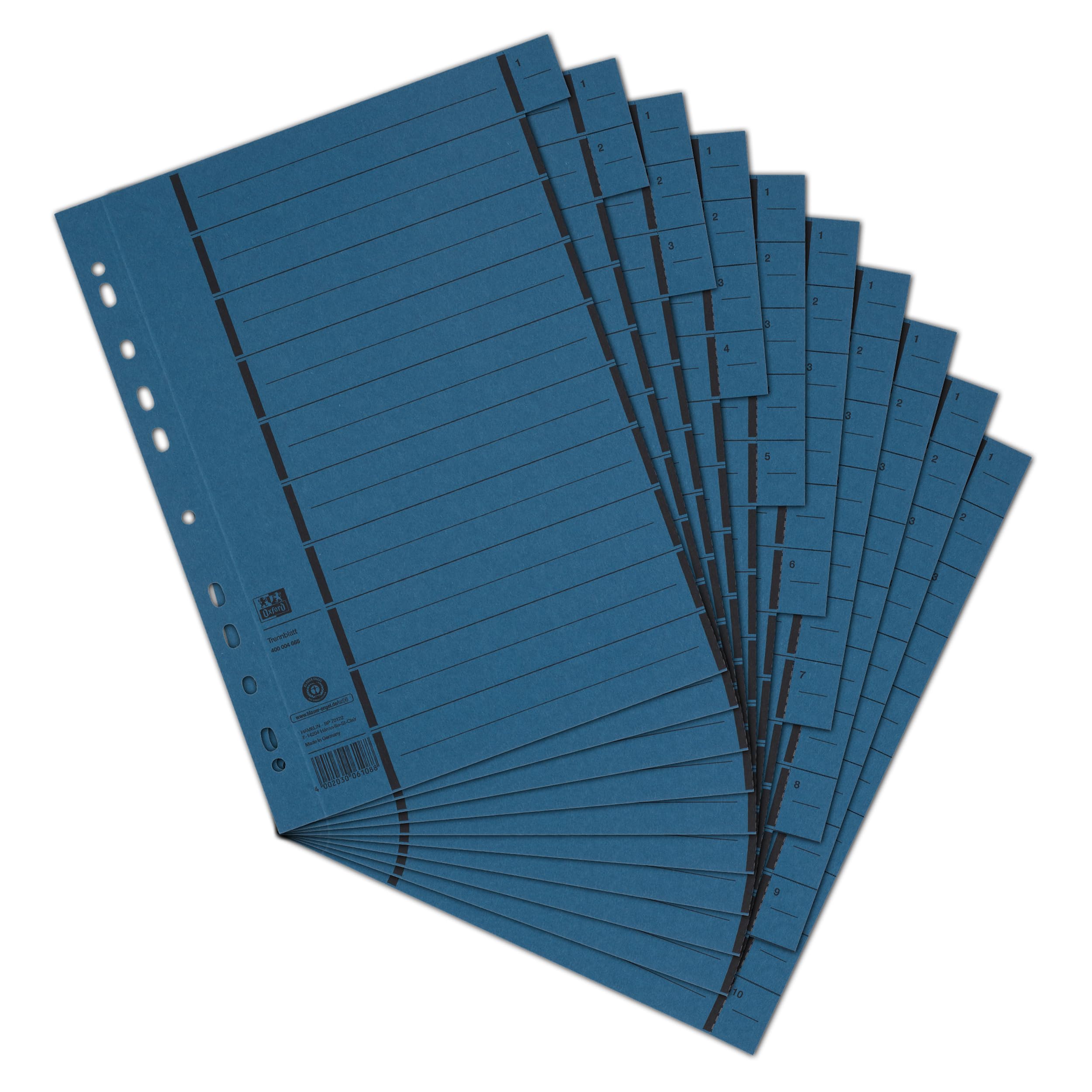Elba 06456BL Reference Dividers Perforated Numbered 1–10 Lined Imprint Recycled Cardboard Pack of 100 Blue