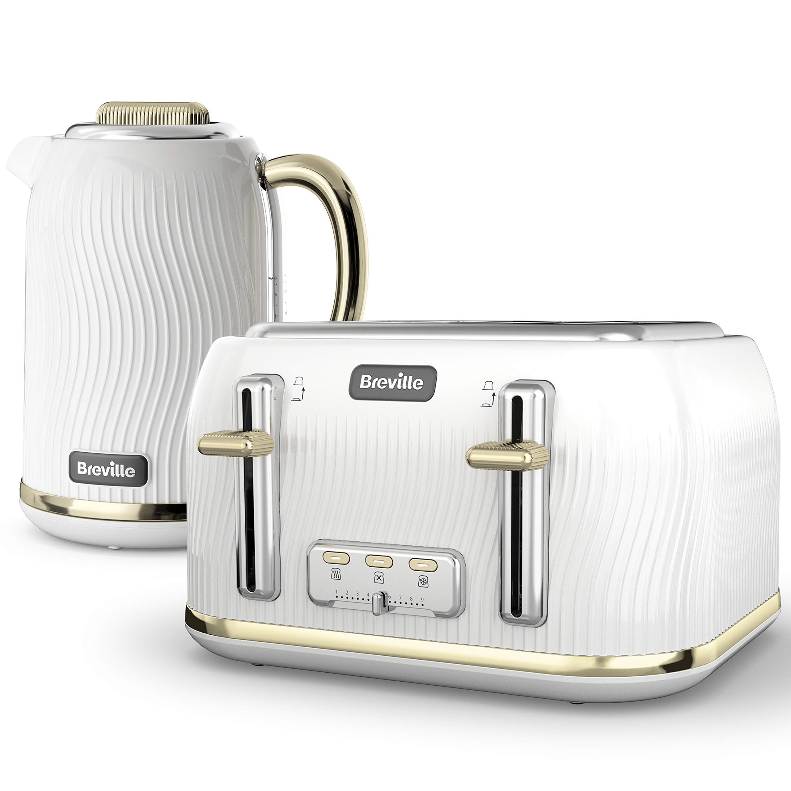 Breville Flow Kettle and Toaster Set | 1.7 Litre Electric Kettle | 4 Slice Toaster with High-Lift and Wide Slots | White and Gold [VKT185 and VKT976]