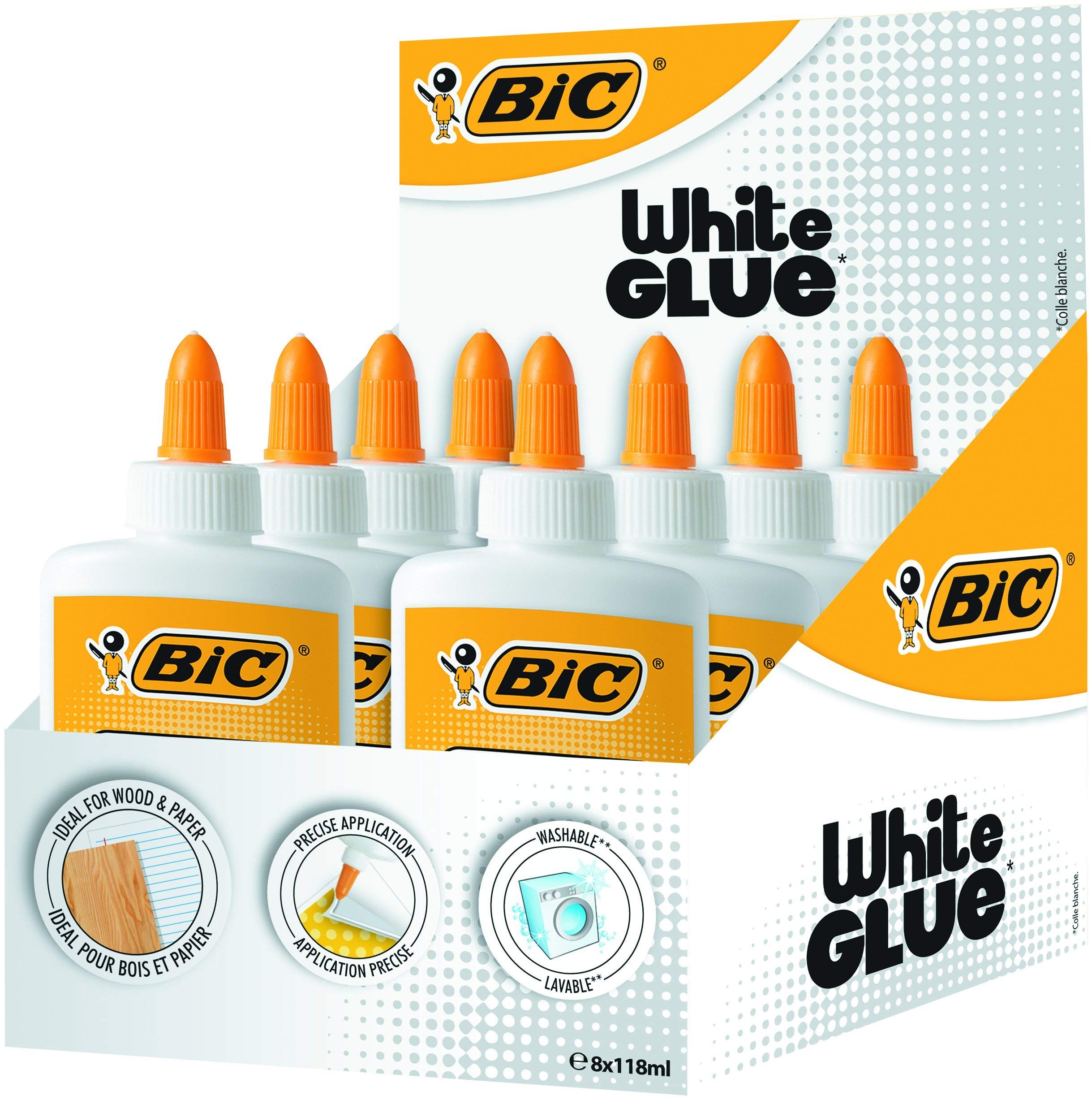 BIC Liquid White Glue - Box of 8 - 118 ml Bottles of Glue for Paper, Crafts or Wood - Washable with Precise Applicator Tip