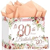 Peconal 80th Birthday Gift Bag for Women Rose Gold Flower 80th Birthday Gift Wrapping Paper Bag Eighty Greeting Card for Cheers to 80 Years Old Party Favors Supplies