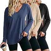 Sweetyweee 3 Pack Women's Oversize Nursing Shirts for Breastfeeding with Hidden Zippers Loose Fit Long Sleeve Maternity Tops(Haze Blue, Khaki, Black,X-Large)