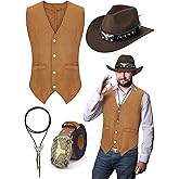 Cutecrop 4 Pcs Western Cowboy Outfits for Men Suede Leather Vest Hat Bolo Tie Belt for Western Halloween Cosplay