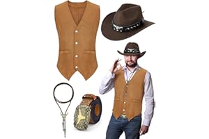Cutecrop 4 Pcs Western Cowboy Outfits for Men Suede Leather Vest Hat Bolo Tie Belt for Western Halloween Cosplay