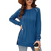 Odosalii Womens Long Sleeve Tops Crewneck Sweatshirts Pleated Front Sweaters Plain Shirts Trendy Side Split Fall Outfits