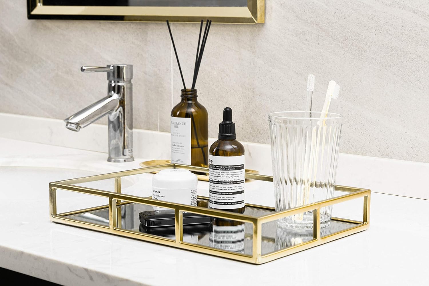 3 Pcs Nesting Gold Mirror Tray, Decorative Jewelry Perfume Trays for Vanity, Dresser, Bathroom, Bedroom Display, can Hold Cosmetics, Makeup, Magazine: Home Improvement