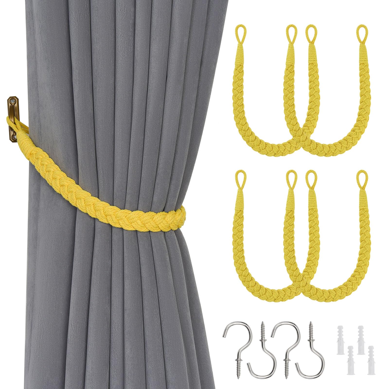 Pretty Jolly 4 Pack Natural Cotton Rope Curtain Tiebacks Elegant Boho Style Decorative Drape Tie Backs Soft Hand-Woven Rope Curtain Holdbacks with Metal Hook for Home & Office Drapery (Yellow)
