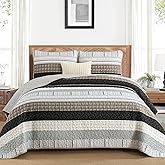 DJY Striped Quilt Set Queen Size, Brown Boho Bedspread Set 3 Pieces Patchwork Coverlet Bedding Set Lightweight Soft Microfiber for All Season (96"x90")