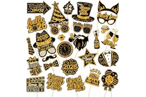 WODJR 30Pcs New Year Photo Booth Prop New Year Party Decoration Golden Photo Props NYE Selfie Prop, Photobooth, Black Gold Ne