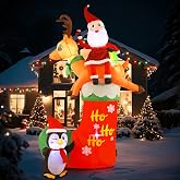 GIFTFIND 7.4Ft Christmas Inflatable Stocking Built-in LED Lights, Outdoor Decoration Santa with Penguin Christmas, Holiday Xmas Inflatables Decor for Lawn Yard Garden Outhouse Party