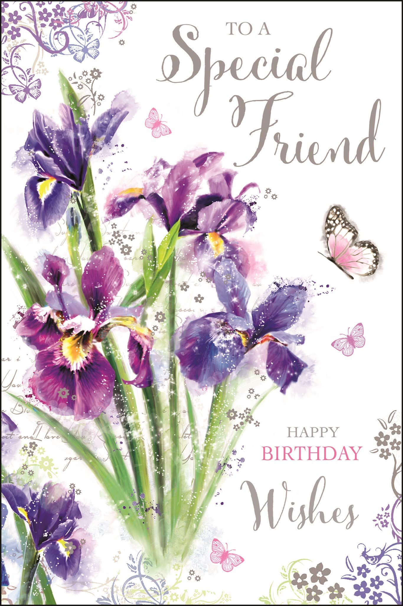 Jonny Javelin Special Friend Artistic Birthday Card (JJ-SG18) - Iris and Butterfly - Foil, Flitter & Embossed Finish