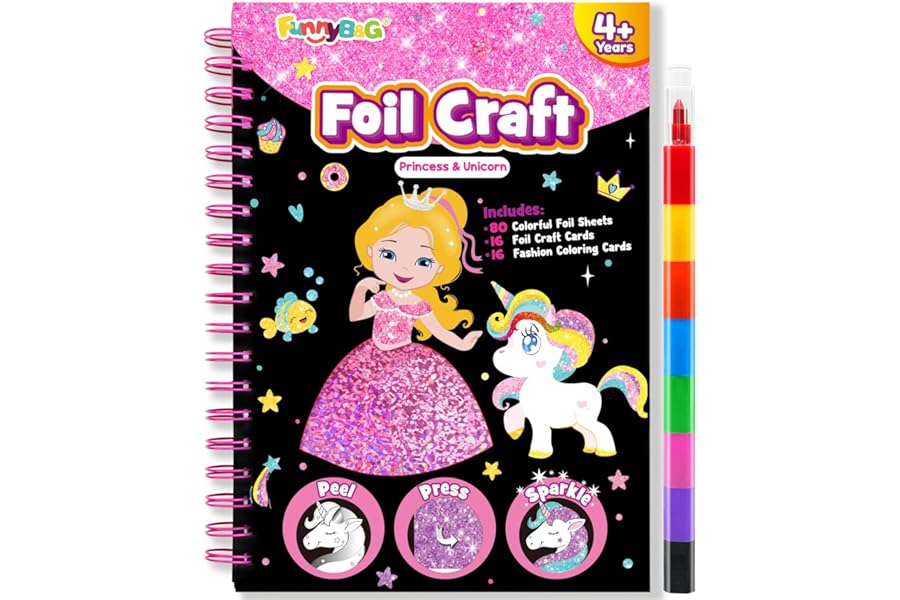 FUNNYB&G Foil Art Craft Kit for Girls 4-10 Years Old: Mess-Free & No-Glue, Create 16 Sparkly Princess Unicorn Pictures – Perfect Travel Toy & Birthday Gift for Kids (Princess)