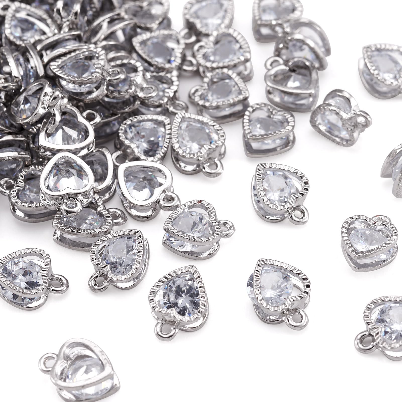 FASHEWELRY 100pcs Clear Cubic Zirconia Charm Pendants 12x8.5mm Heart Shape Alloy Dangle Charms Platinum for Bracelet Necklace Earring Jewellery Making