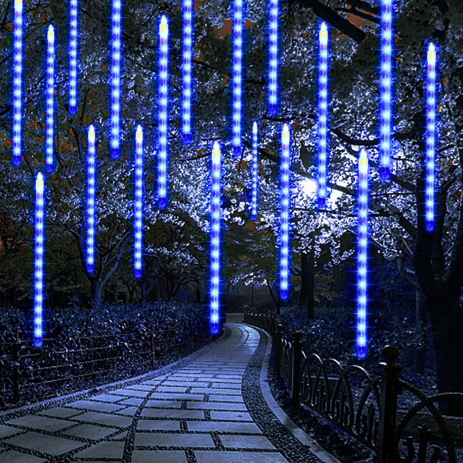 Photo 1 of 24 Tubes Meteor Shower Lights, Outdoor Icicles Christmas Decor, 12 Inch 864 LED Snow Falling Connectable Raindrop Lights, Xmas Wedding Party Tree Holiday Decoration, Blue