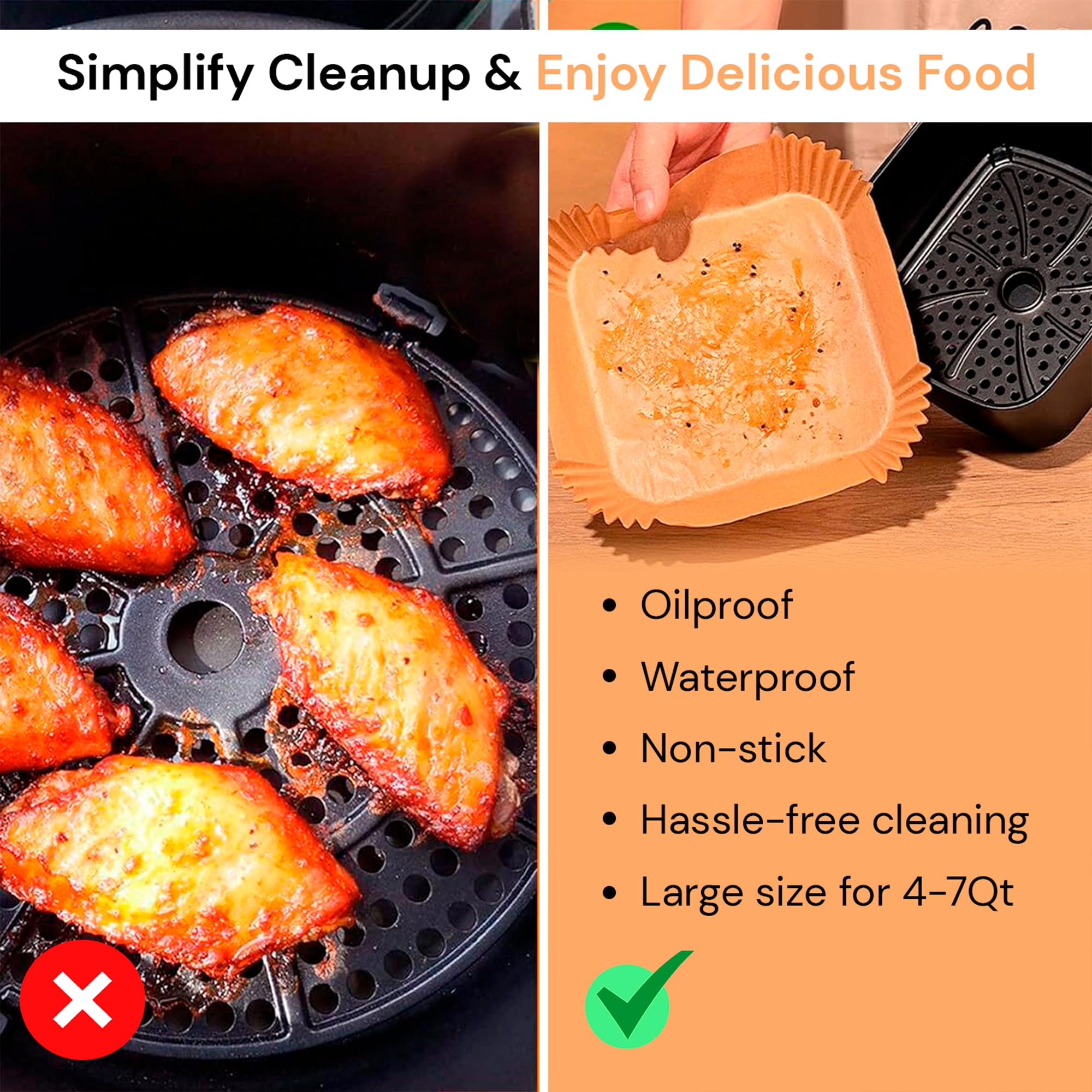 edihome, Backpapier für Heißluftfritteuse, fur Air Fryer, 100 Stück, 20-24 cm, BPA Free, Zubehör Heissluftfritteuse, Einweg, für Backofen, 5 bis 8 Liter (Quadratisch, 20-24 cm) 4