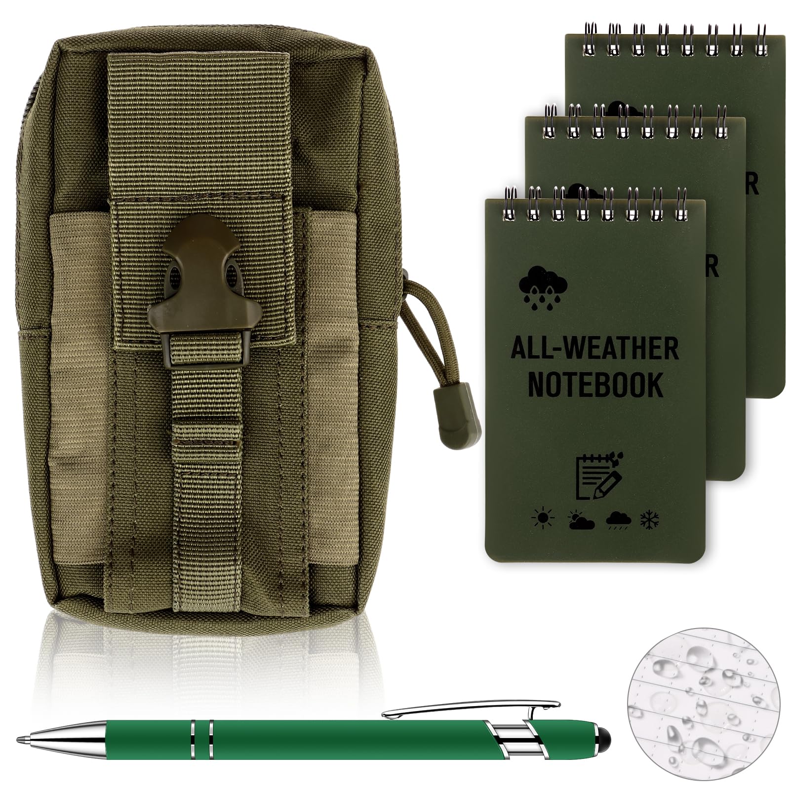 HAOWANWW 5 Pcs Waterproof Notepad Pen Set Waterproof Notebook Mini Spiral Notebook All Weather Stone Paper Notebook Green Cover Pocket Notepad Tactical Steno Pads with Grid for Outdoor Activity Record
