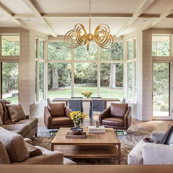 TOCHIC MODERN CHANDELIER FOR DINING ROOM,5-LIGHT GOLD METAL CHANDELIER,MID CENTURY CHANDELIERS,RINGS FARMHOUSE CEILING LIGHT FIXTURE FOR BEDROOM,LIVING ROOM,KITCHEN ISLAND,ENTRYWAY,FOYER 26.3″ D