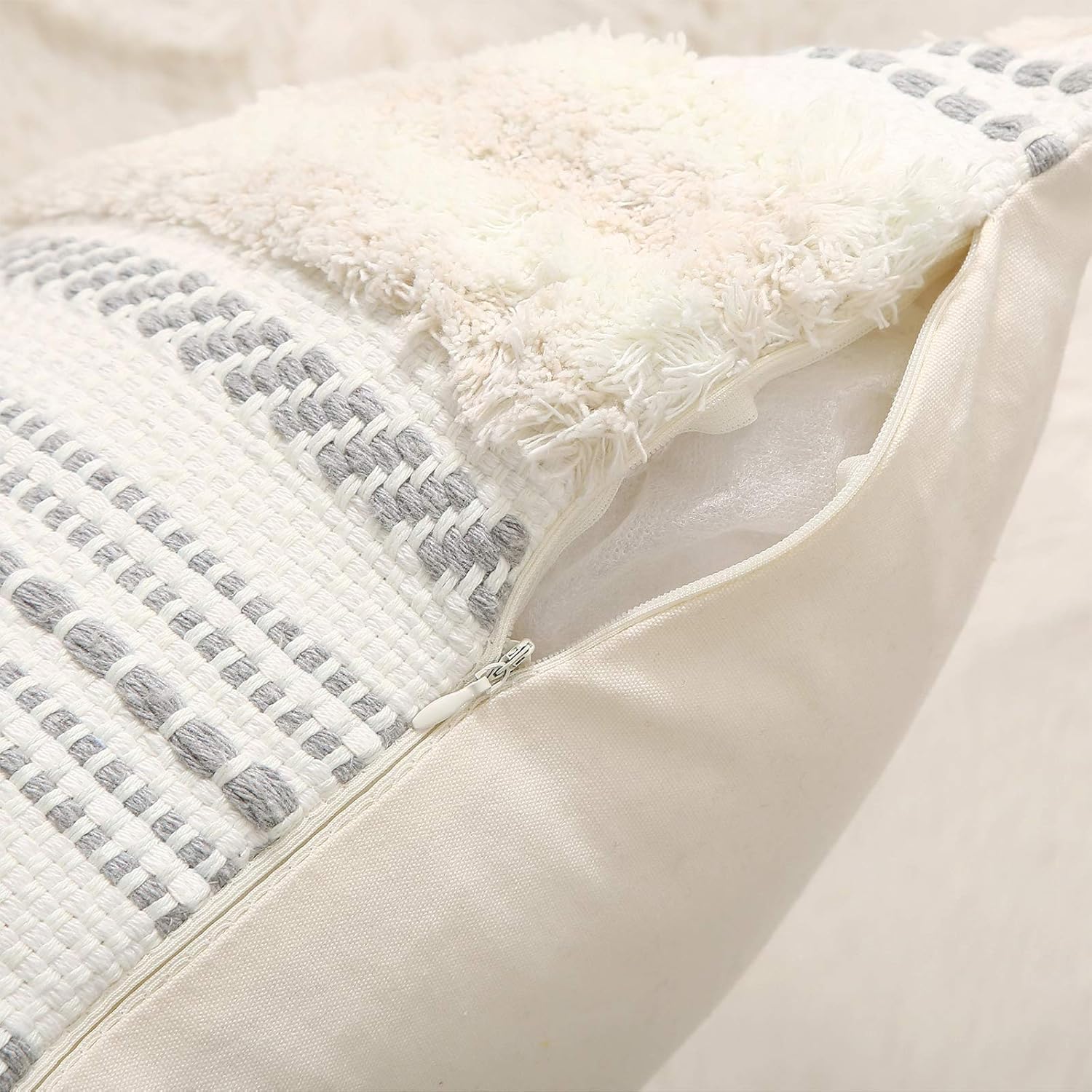 decorUhome Set of 2 Boho Decorative Throw Pillow Covers for Bed Bedroom Neutral Accent Cushion Cover Tufted Woven Pillow Case, 20x20, Beige: Home & Kitchen