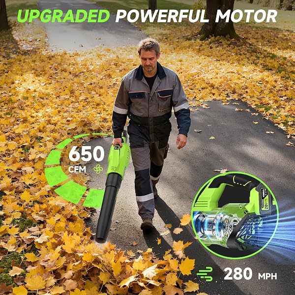 LEAF BLOWER CORDLESS, 650CFM ELECTRIC LEAF BLOWERS WITH 2 X 5.2AH BATTERIES AND CHARGER, 3 SPEED MODES, 1 X ADJUSTABLE SHOULDER STRAP, POWERFUL BLOWERS FOR LAWN CARE, PATIO, DUST, BLOWING LEAVES