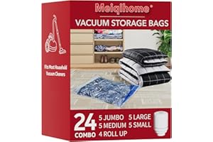 MEIQIHOME Vacuum Storage Bags with Electric Air Pump 24 Combo (5 Jumbo/5 Large/5 Medium/5 Small/4 Roll), Plastic Packaging Bags,Space Saver Sealer Bags for Clothes, Pillows, Comforters, Blankets, Bedding