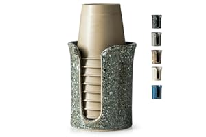 YHOJOY Ceramic Bathroom Cup Holder, Bathroom Cup Dispenser for Dixie Cups 3 Oz Bathroom Cups, Mouthwash Cup Dispenser Small Paper Cups Holder for Bathroom Vanity Countertop, Stoneware Design, Gray