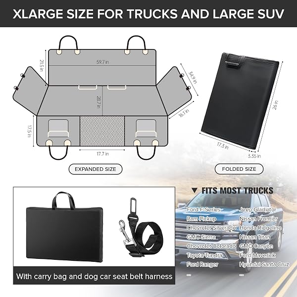 SHARLOVY XL TRUCK BACK SEAT EXTENDER FOR DOGS, LARGE HARD BOTTOM DOG CAR SEAT COVER FOR BACK SEAT, HEAVY DUTY DOG CAR HAMMOCK, WATERPROOF PET SEAT COVERS FOR TRUCKS, F150, RAM1500 AND LARGE SUV