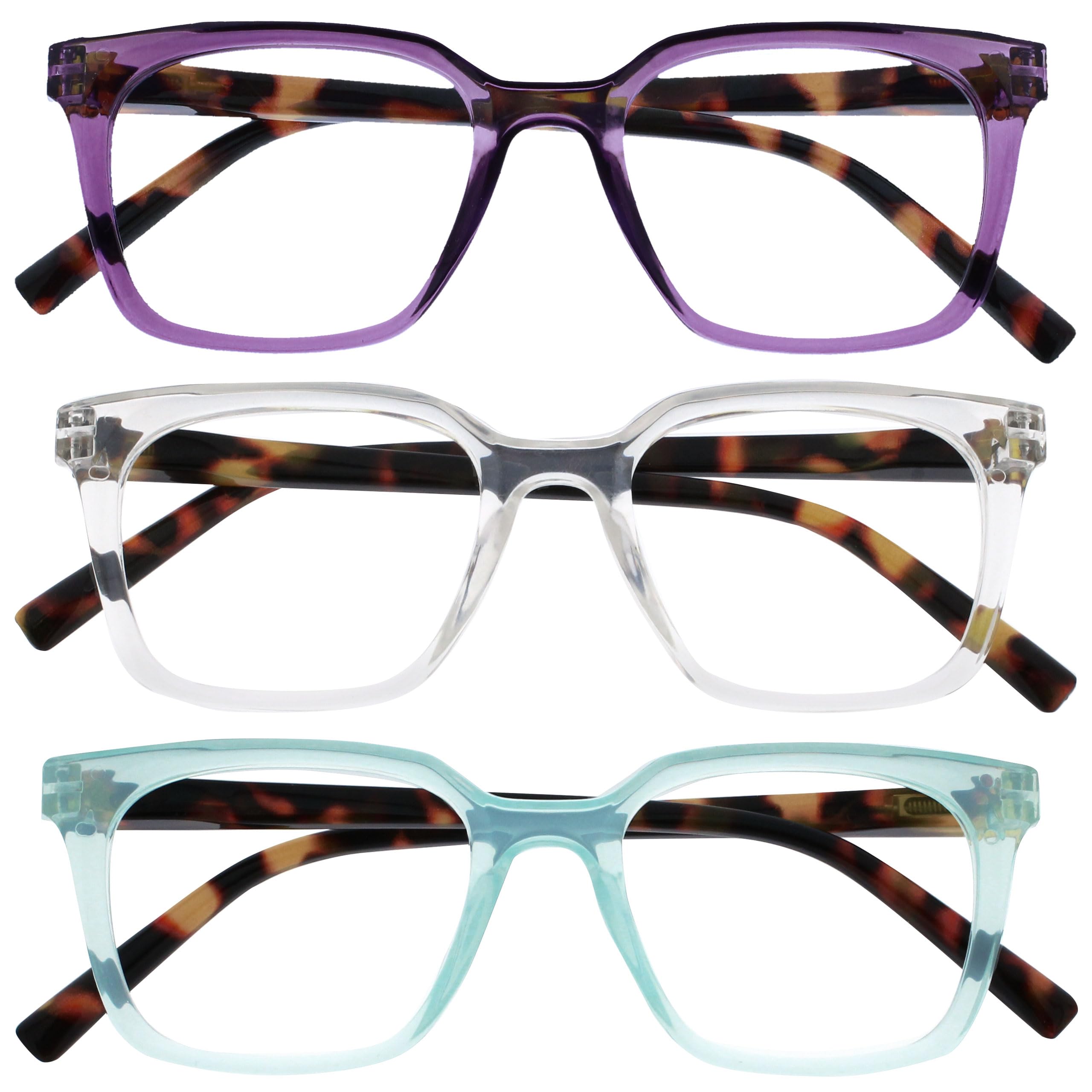 OPULIZE KOI Reading Glasses 3 Pack - Large Rectangular Frame - Purple-Aqua-Clear - Mens Womens - Spring Hinges - RRR50-5CQ - +3.00