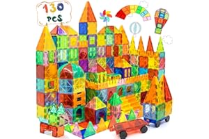 EchoPlan Magnetic Tiles,Deluxe 130 PCS Magnetic Blocks with 2 Cars,Magnet Tiles Building Blocks Set,STEM Preschool Sensory Educational Toys Gifts for Toddlers Kids Boys 3 4 5 6 7 8 9+ Year Old