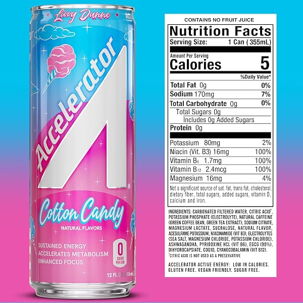 ACCELERATOR ENERGY DRINK, COTTON CANDY 12OZ CAN (12 PACK), ZERO SUGAR, SUSTAINED ENERGY FROM 100% NATURAL CAFFEINE (200MG FROM GREEN COFFEE BEAN & GREEN TEA EXTRACT)