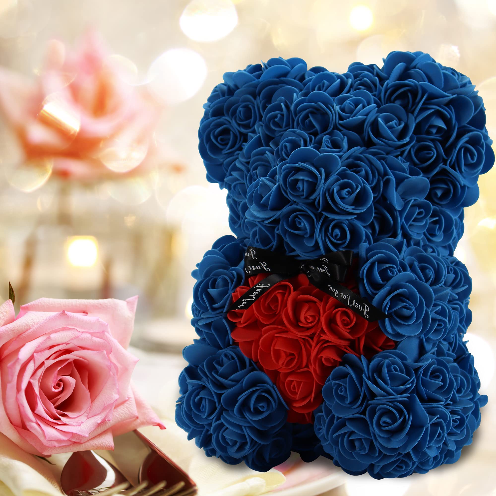 Rose Flower Bear - Hand Made Teddy Bear, Birthday Gift for Women, Mom, Girls - Artificial Decoration in Clear Gift Box (Royal Blue)