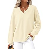 MASCOMODA Womens Tops Casual V Neck Waffle Knit Long Sleeve Shirts Trendy Loose Tunic Pullover Work Blouses Fall Outfits