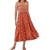 Umimore Women's 2025 Summer Tie Shoulder Midi Dress Casual Square Neck Sleeveless Smocked Flower Embroidered A Line Dresses